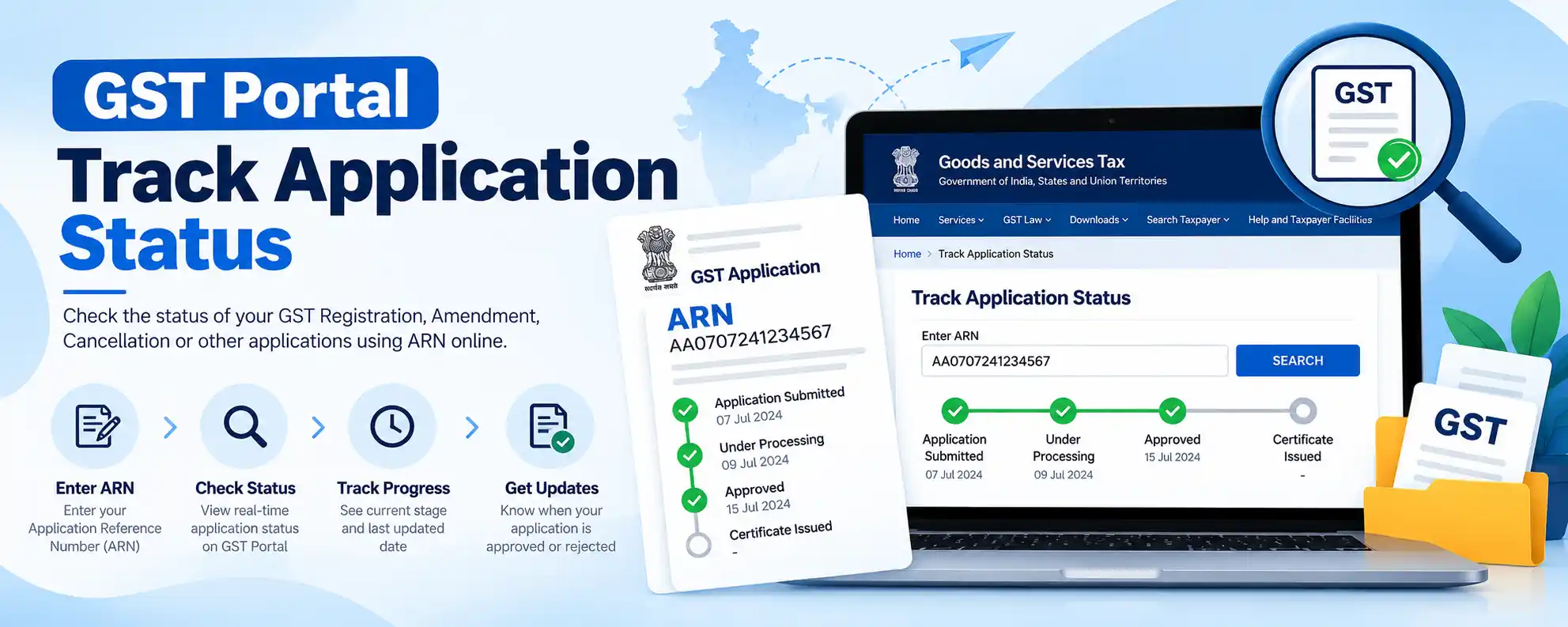 GST portal Track Application Status page showing ARN search